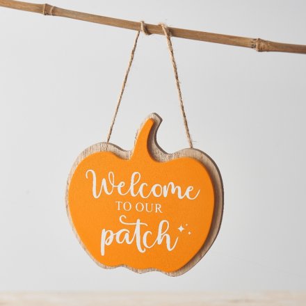 Welcome to Our Patch Orange Pumpkin Hanging Sign